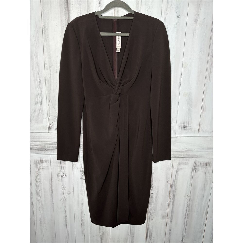 ST JOHN COLLECTION BROWN GATHERED TWIST FRONT LONG SLEEVE MIDI‎ SHEATH DRESS 6